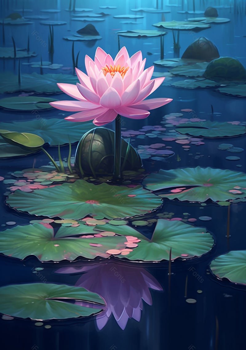 夜间的池塘里荷花盛开自然插画壁纸背景,插画/手绘图,插画/手绘图库,插画/手绘图下载,插画/手绘